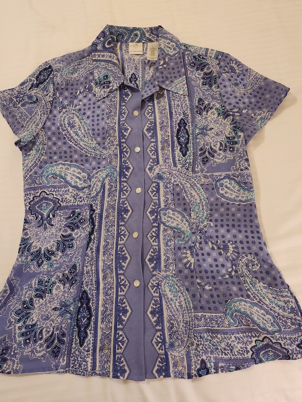 Short Sleeve Chiffon Paisley Button Up Blouse